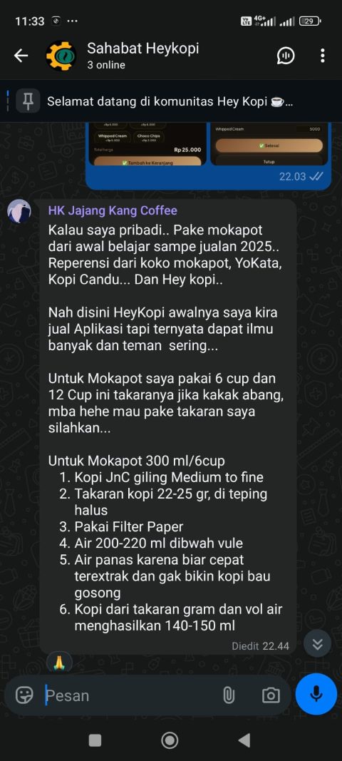 Diskusi resep di grup Sahabat HeyKopi